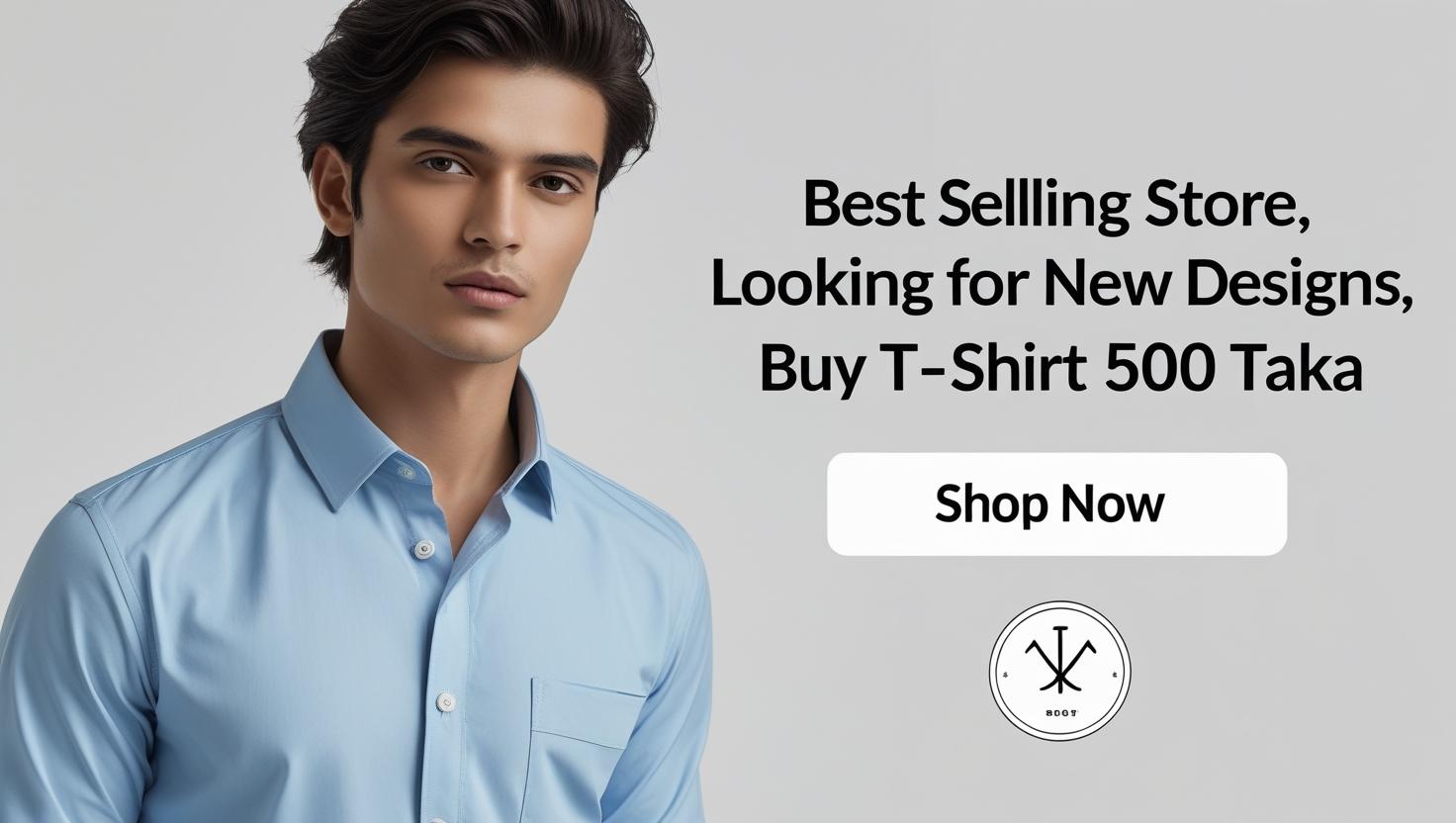 A young man models a stylish light blue cotton shirt. The banner text reads 'Best Selling Store, Looking for New Designs. Buy T-shirts - 500 Taka,' with a 'Shop Now' button in the center. (2)