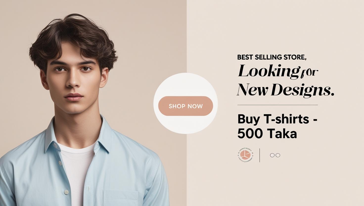 A young man models a stylish light blue cotton shirt. The banner text reads 'Best Selling Store, Looking for New Designs. Buy T-shirts - 500 Taka,' with a 'Shop Now' button in the center.